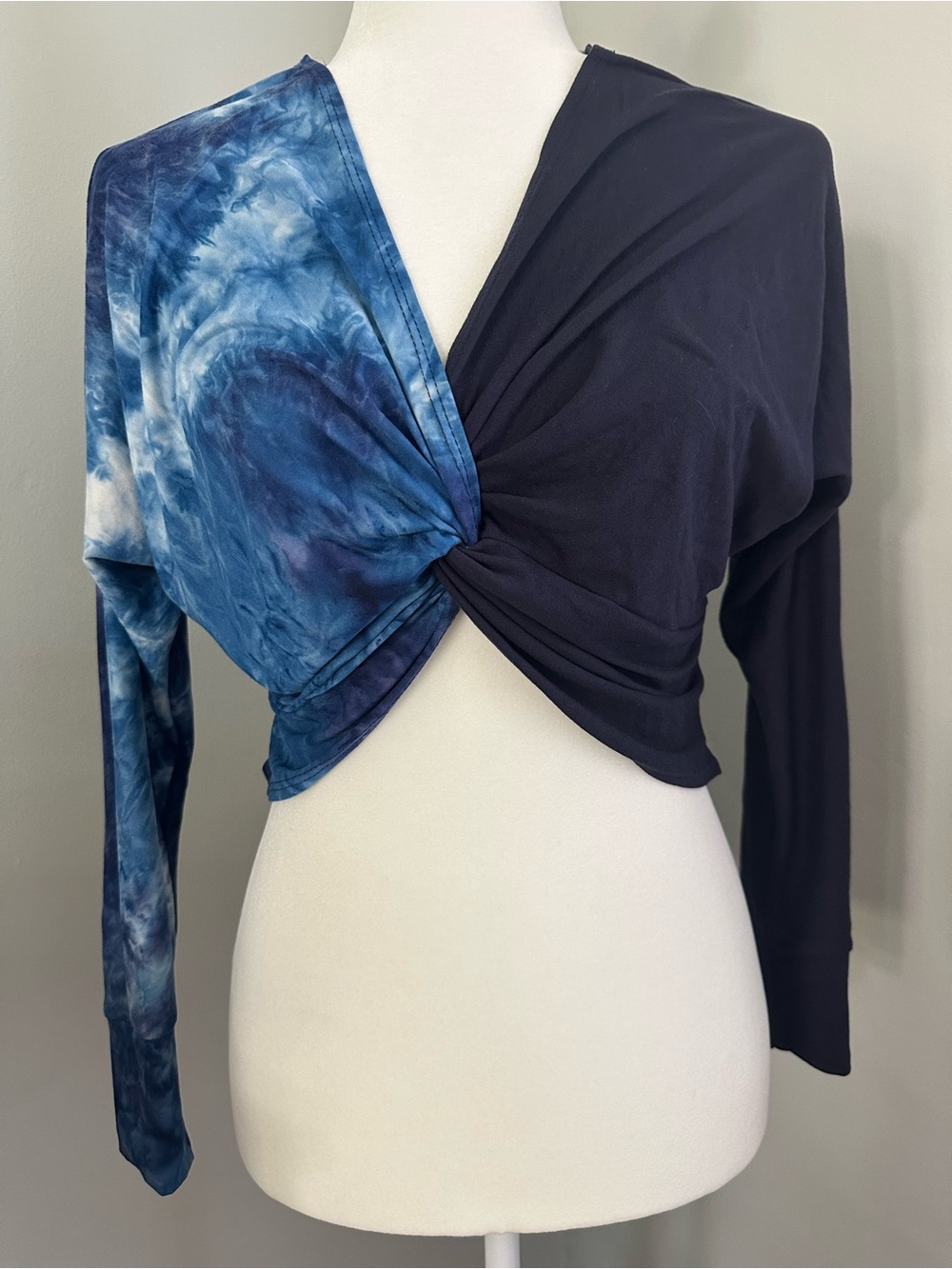 Twist-front, Cropped Blouse, Tie-Dye, Long Sleeve, Y2K, Casual, Color Block, M